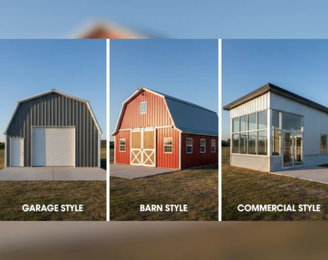 Metal building styles comparison showing garage, barn, and commercial steel structures