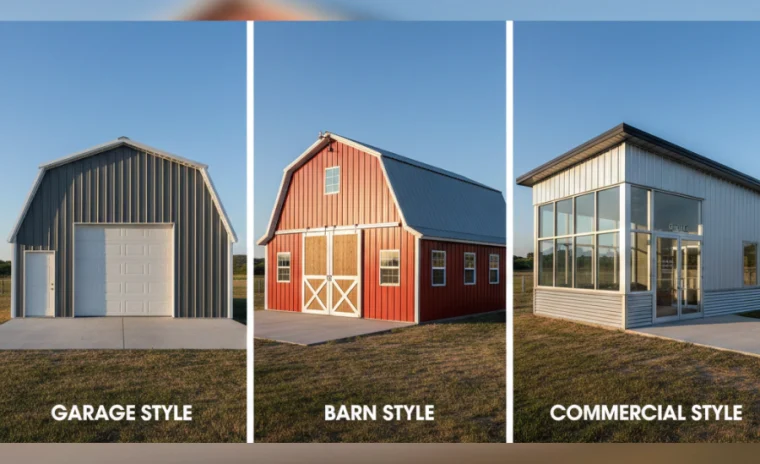Metal building styles comparison showing garage, barn, and commercial steel structures