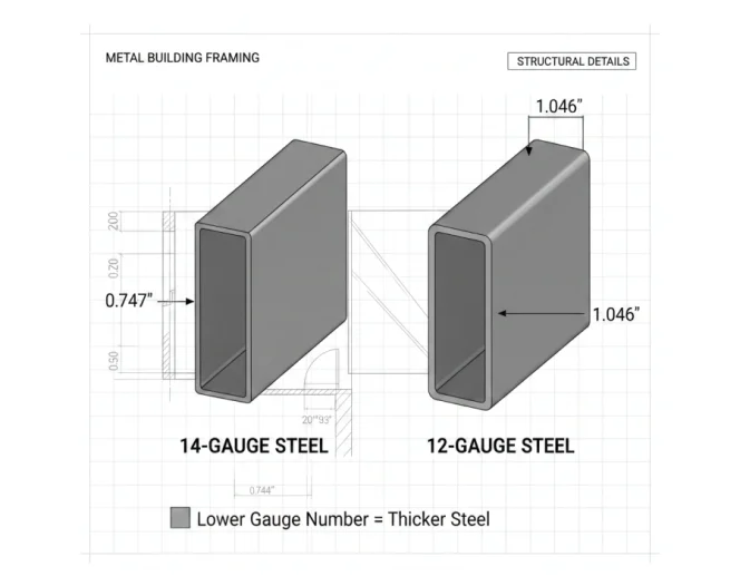 Steel gauge thickness comparison showing 14 gauge and 12 gauge metal building framing